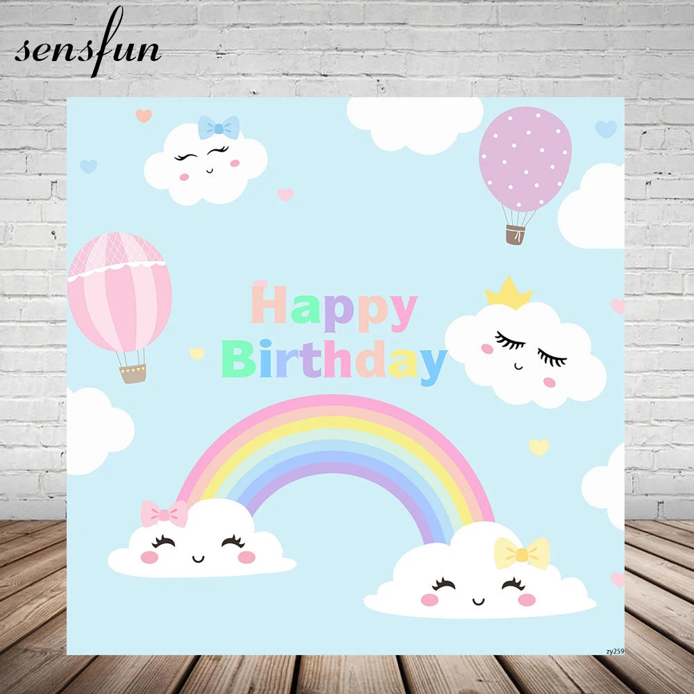 Sensfun Newborn Baby Shower Backdrops Light Blue Sky Smile Clouds Hot Air Balloons Girls 1st Birthday Party Backgrounds Custom