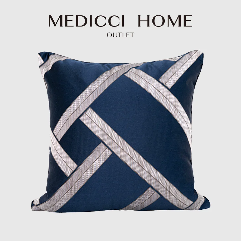 Medicci Home Italian Luxury Cushion Cover Contemporary Art Geometry Jacquard Navy Blue Square Pillowcase For Lounge Hotel Saloon