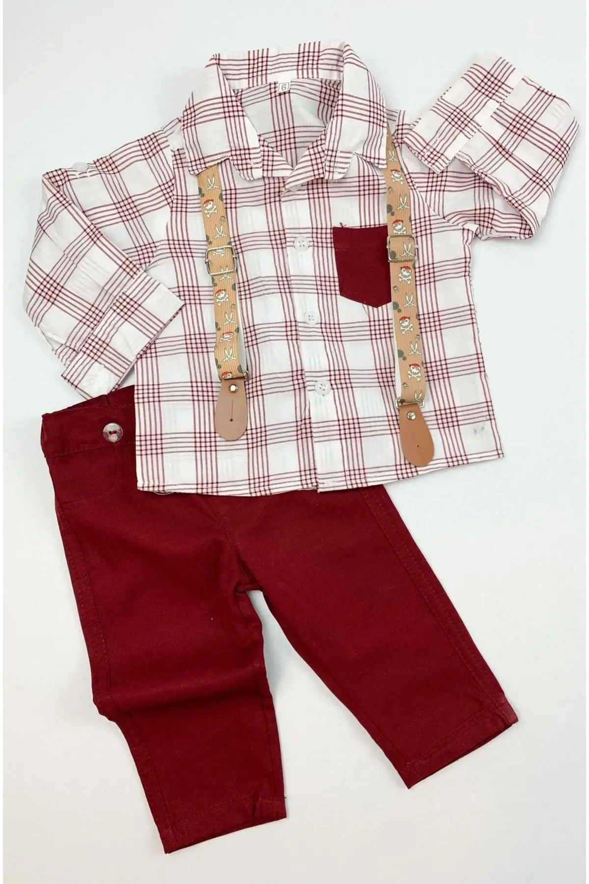 Pendant Striped Shirt Pants Male Baby Suit-Burgundy