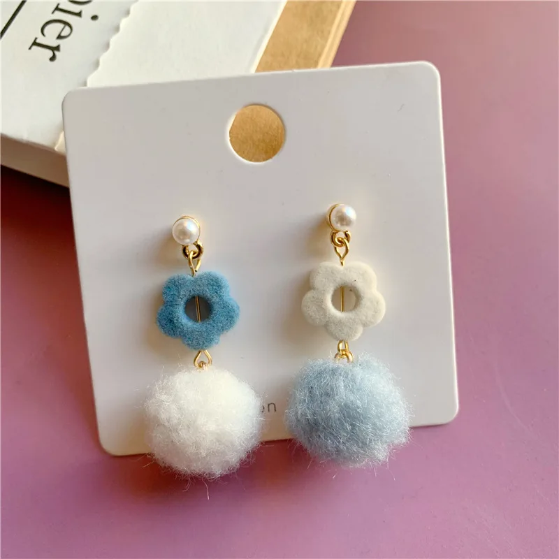 Sweet Little Hair Ball Hollow Out Flower Clip Earring No Piercing Winter Plush Pom Pom Ball Clip on Earring Ear Clip Jewelry