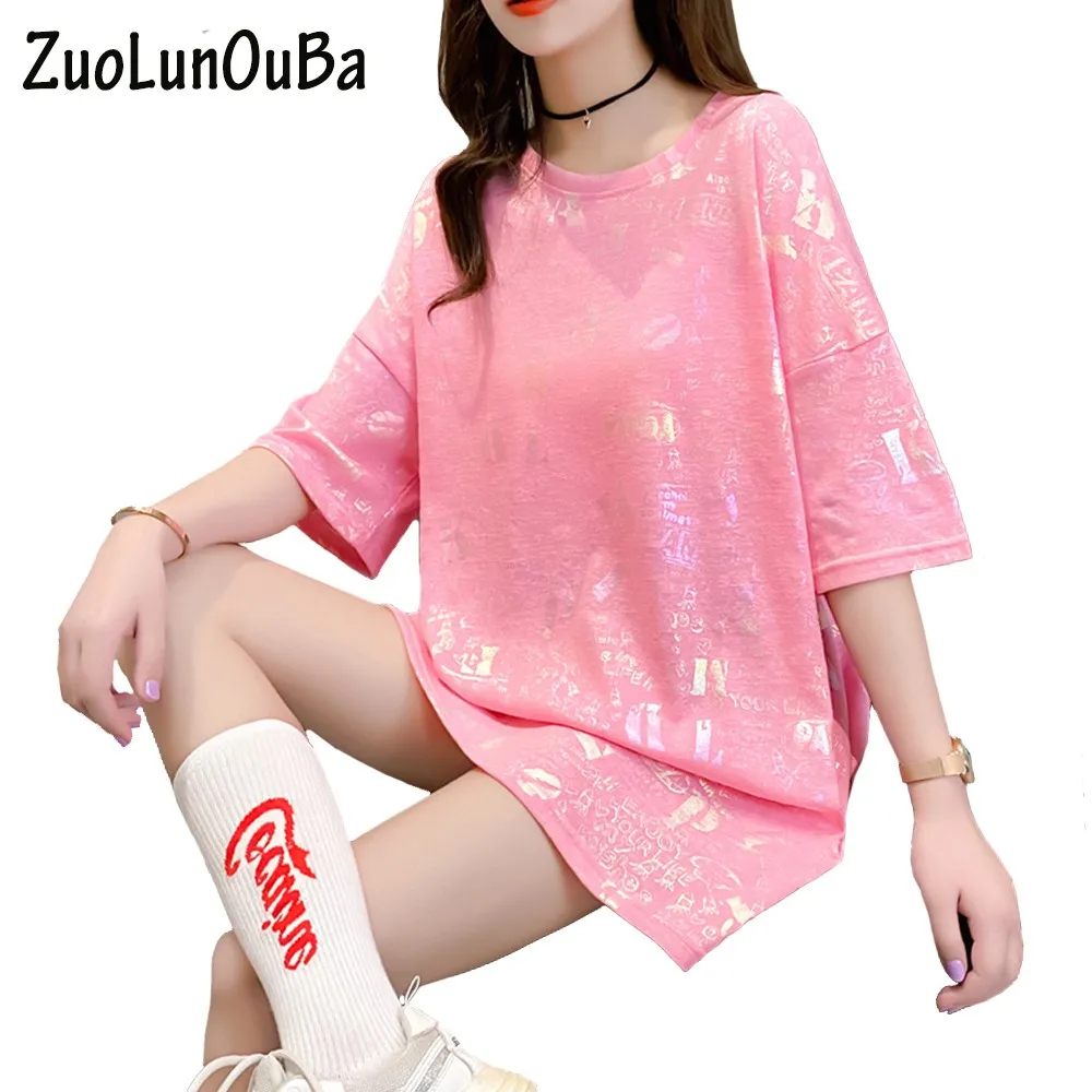 

ZuoLunOuBa Summer T-shirt Women's Clothes Fashion Pink Letters Harajuku Loose Short Sleeved Round Neck Mid Length Tees Tops