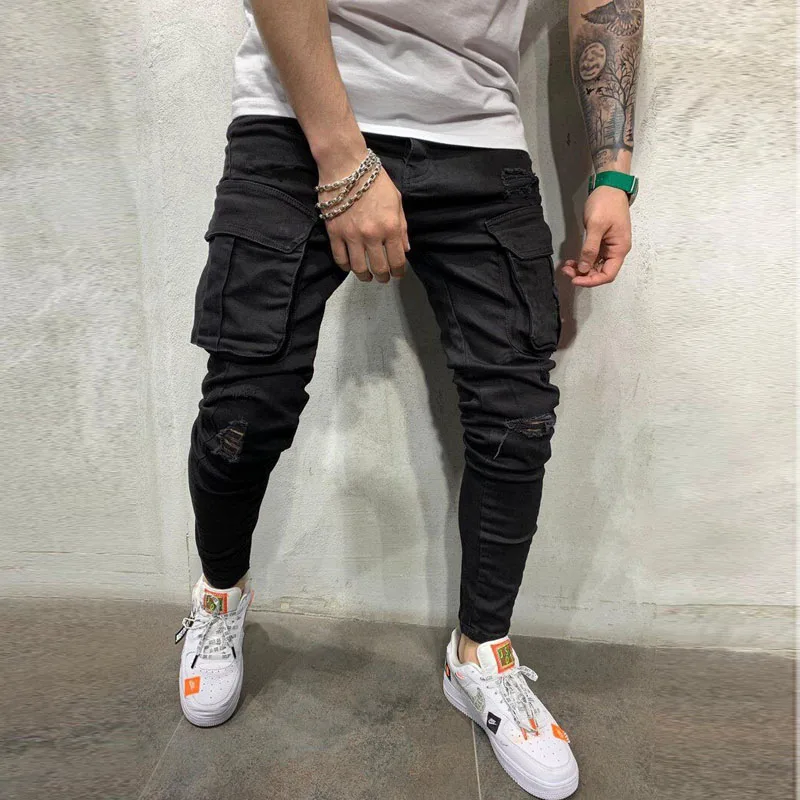 Streetwear Men Skinny Black Jeans Cargo Pants Male Multi-Pocket Slim Y2k Man Trousers Hip Hop Casual Jogging Denim Pants