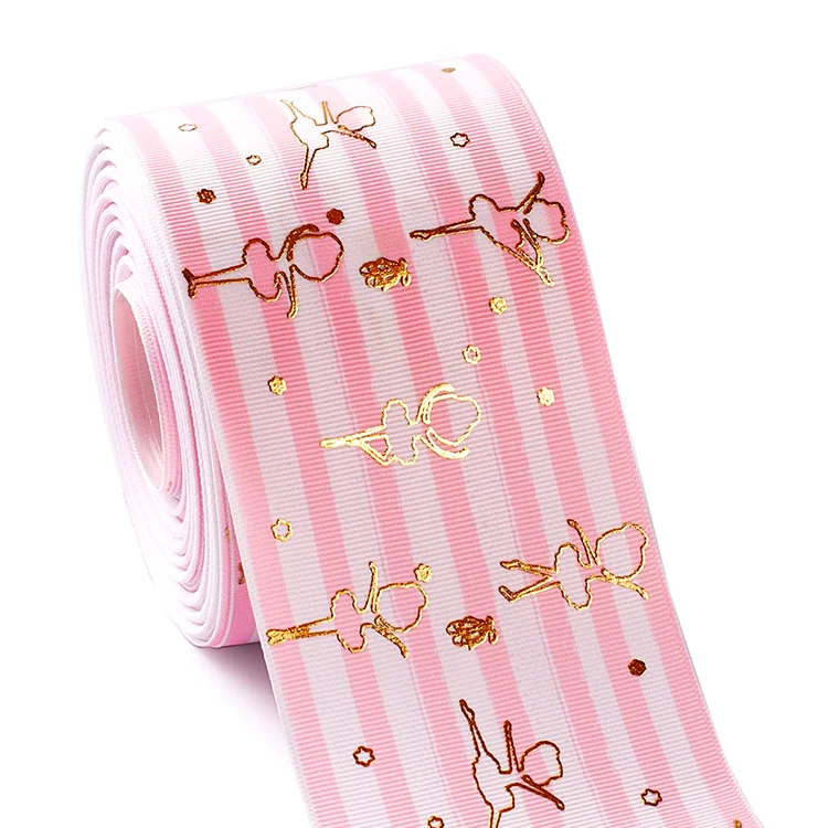 

Winsome 75mm 3inch 50yard dancing girl gold foil printed on heat transfer stripe grosgrain ribbon