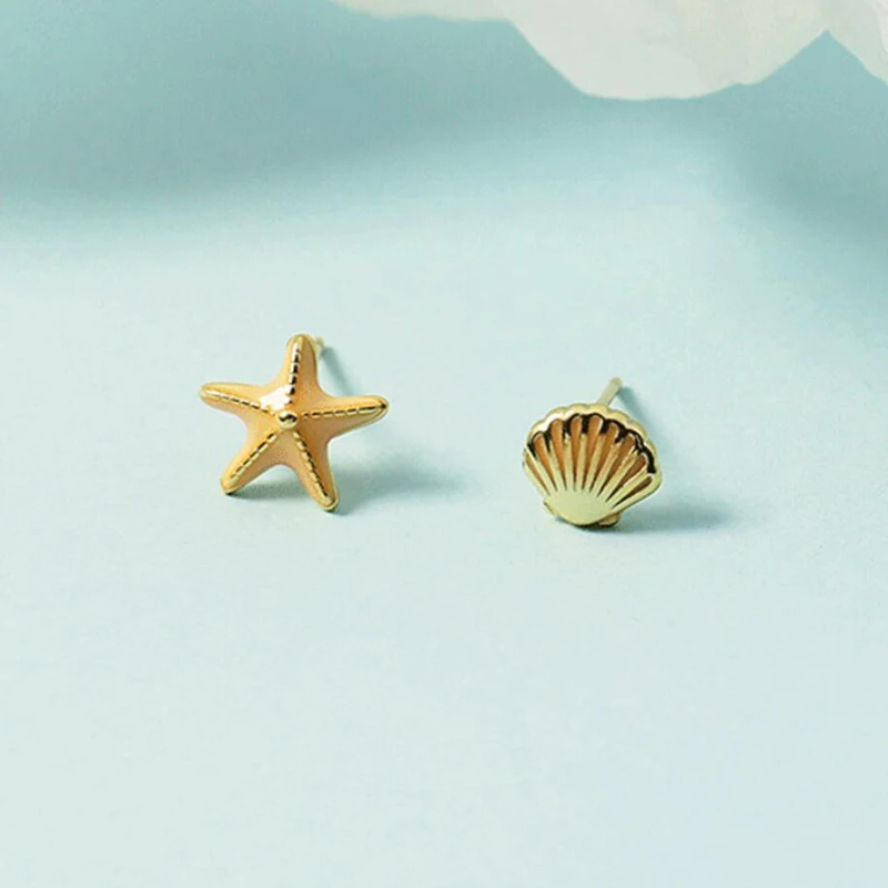 KOFSAC Asymmetry Shell Starfish Stud Earrings For Women 925 Sterling Silver Jewelry Cute Fashion Girl Beach Party Accessories