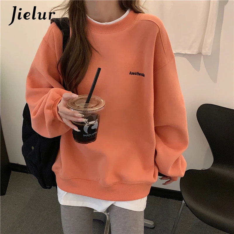 Jielur Orange Gray Sweatshirt Women M-XL Fake Two Piece M-XL Size Hoodie Female Loose Korean Fleece Streetwear Letter Embroidery