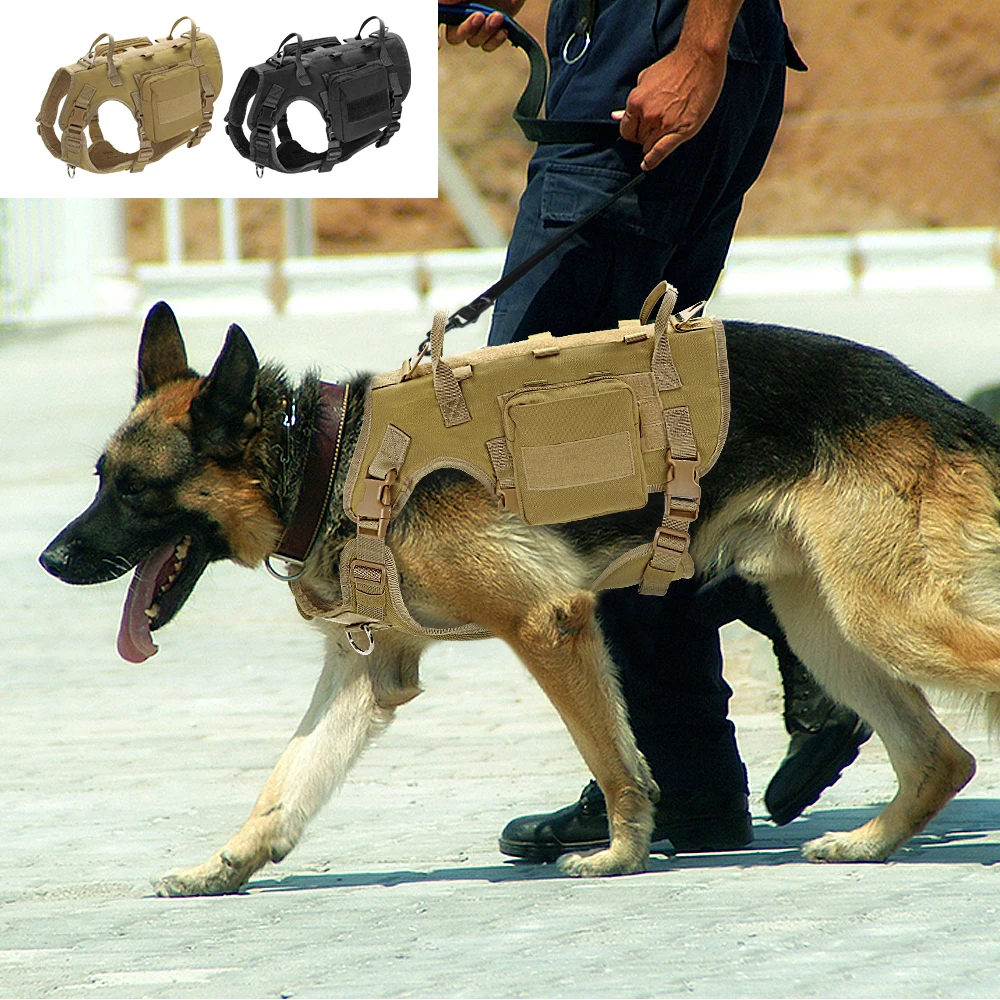 Dog Tactical Harness Molle Vest Adjustable Military Pet Training Harness For Medium Large Dogs With 2 Detachable Pouches Outdoor