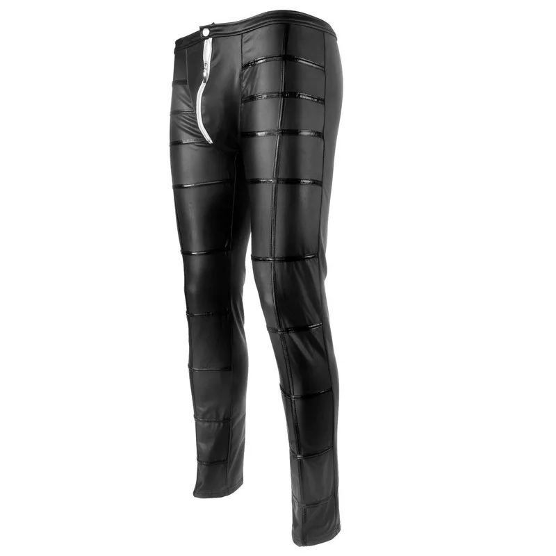 Mens Trousers PU Leather Zipper Open Crotch Pencil Pants Wetlook Broek Fitness Motorcycle Streetwear Gay Latex Lingerie Leggings