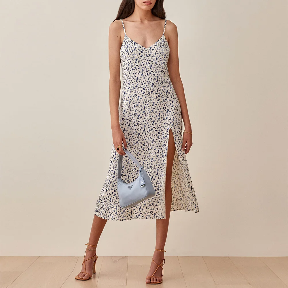 

Beach Summer Dresses For Women 2021 Elegant Sexy Slit Slip Dress V Neck Sleeveless Spaghetti Strap Vacation Floral Midi Dress