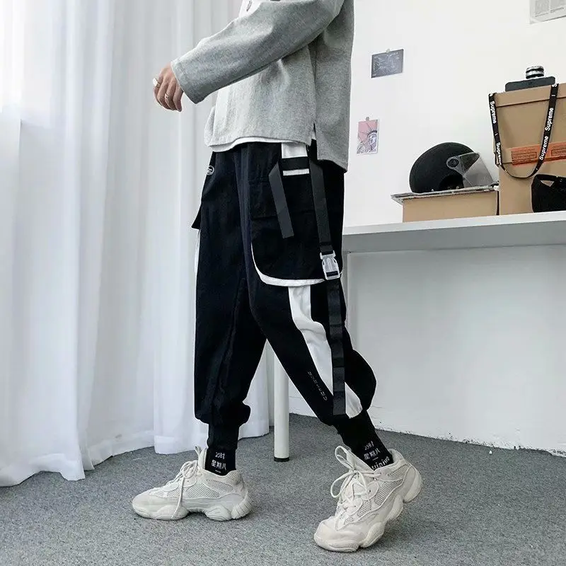 Summer Cargo Pants Mens Ribbon Beam Feet Korean Version Fashion Loose Street Hip-hop Harem Pants Bib Overall Joggers Sweatpants
