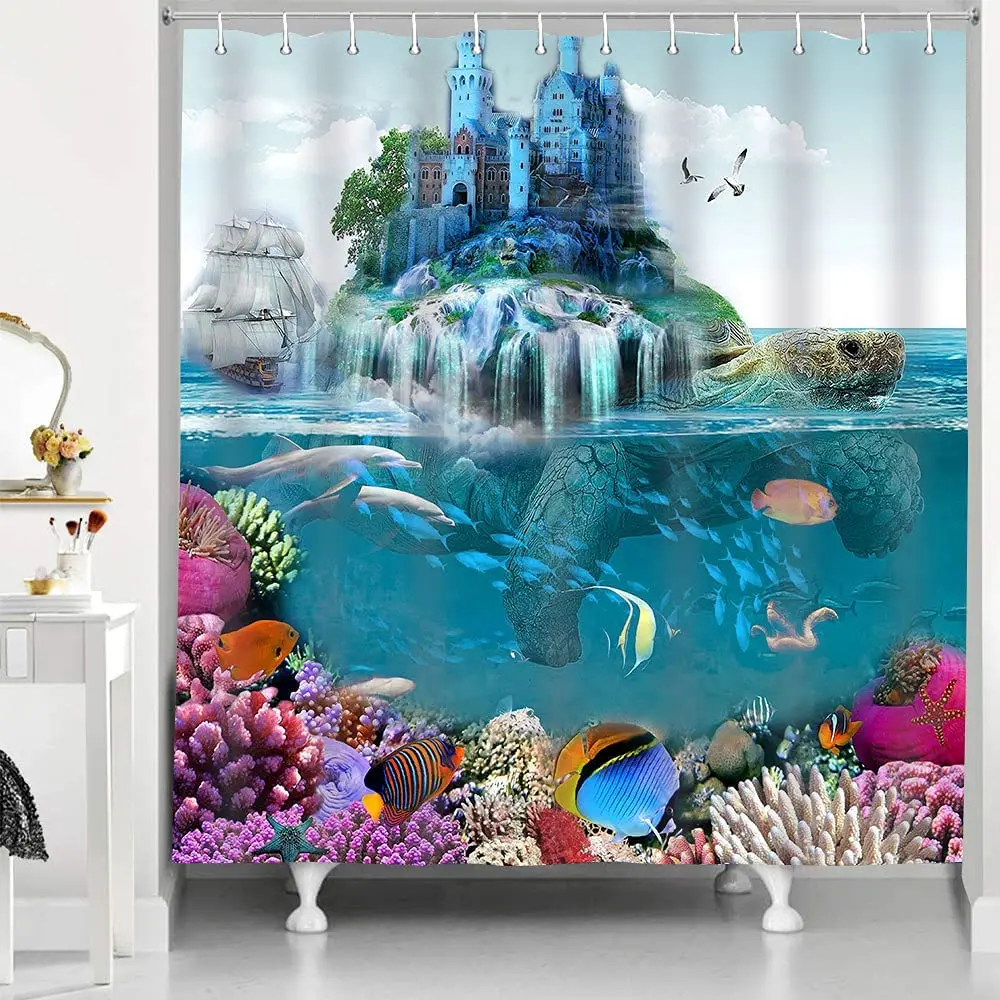 Marine Shower Curtain Giant Tortoise Carrying  Magic Castle and Pirate Ship Cartoon Pattern Bathroom Waterproof Screen Home Deco