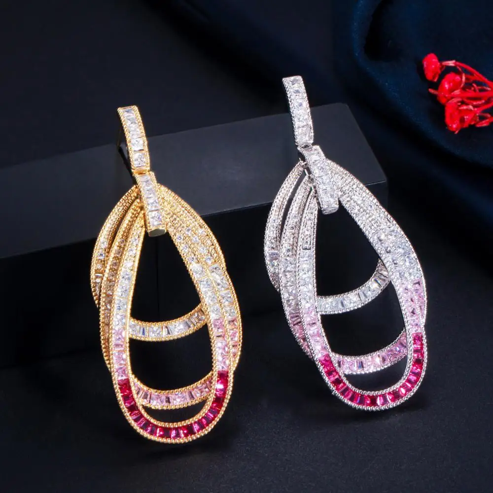 Pera Unique Pink Red Cubic Zirconia Silver Color Long Dangle Multilayer Circles Drop Luxury Wedding Party Earring for Women E641