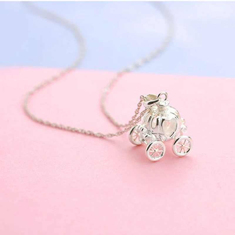 YIZIZAI Dream Pumpkin Car Silver Plated Necklace Pendant Clavicle Cinderella Exquisite Necklace Jewelry Peach Flower Girl