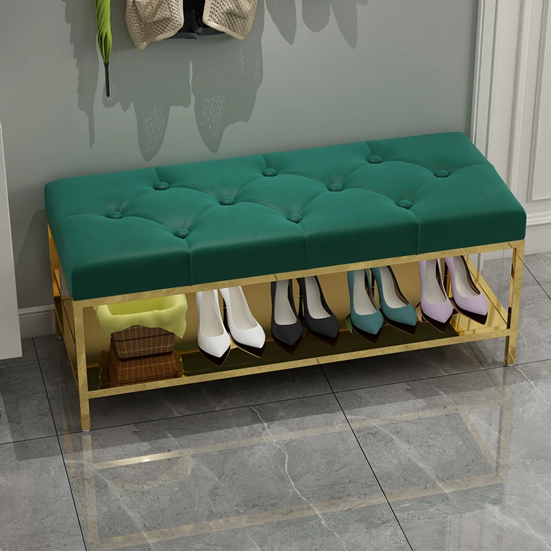 NewFlannel fabric Nordic shoe changing stool comfortable cushion door-to-door storage shoe rack roasted gold frame iron bench