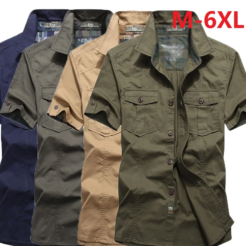 M-6xlplus Size Men\'s Shirt Summer Short Sleeve Cargo Shirts New Shirts Breathable Cool 100% Cotton Camisa Social Masculina