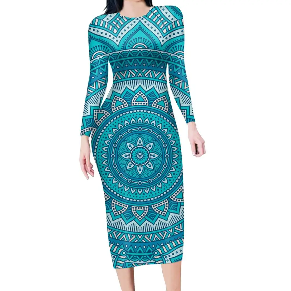 HYCOOL Polynesian Mandala Design Fashion Women Winter Spring Long Sleeve Dress Casual Party Office Ladies Clothing Latest