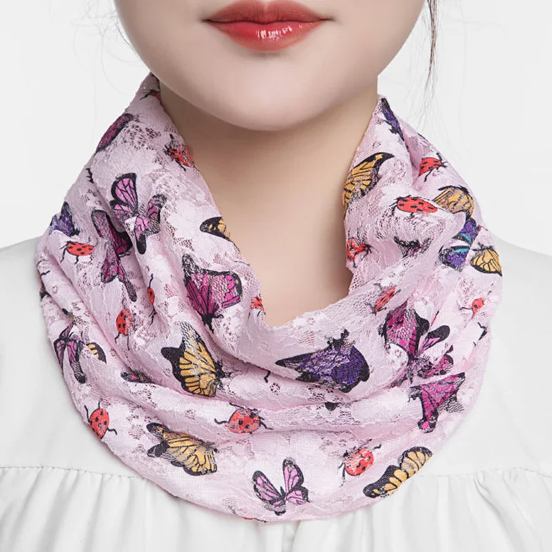 Korean Female Hollow Lace Butterfly Print Fake Collar Neck Guard Scarf Summer Sunscreen Sunshade Snood Thin Ice Silk Shawl P46