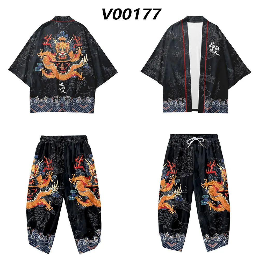 

Harajuku 2021 Men Japanese Kimono Streetwear Traditional Dragon Print Cardigan And Pant Suit Samurai Yukata Haori Obi Kimono