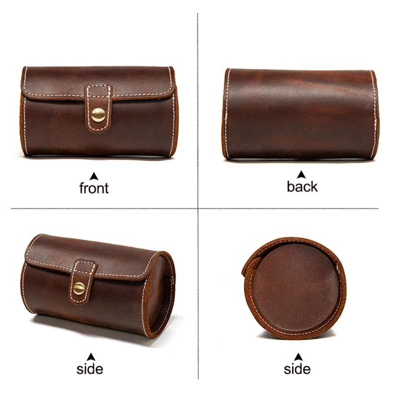 Round Watch Storage Box Soft Wrinkle Genuine Leather Couple Watch Storage Case Necklace Cabinets Cases