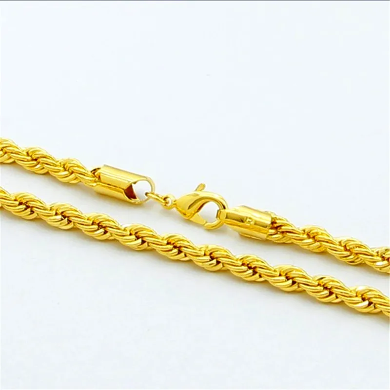 Hip Hop plated 24K Gold Necklace 4MM Twisted Rope Twist Electroplating Gold Necklace for Men & Women Wedding Jewelry Gifts