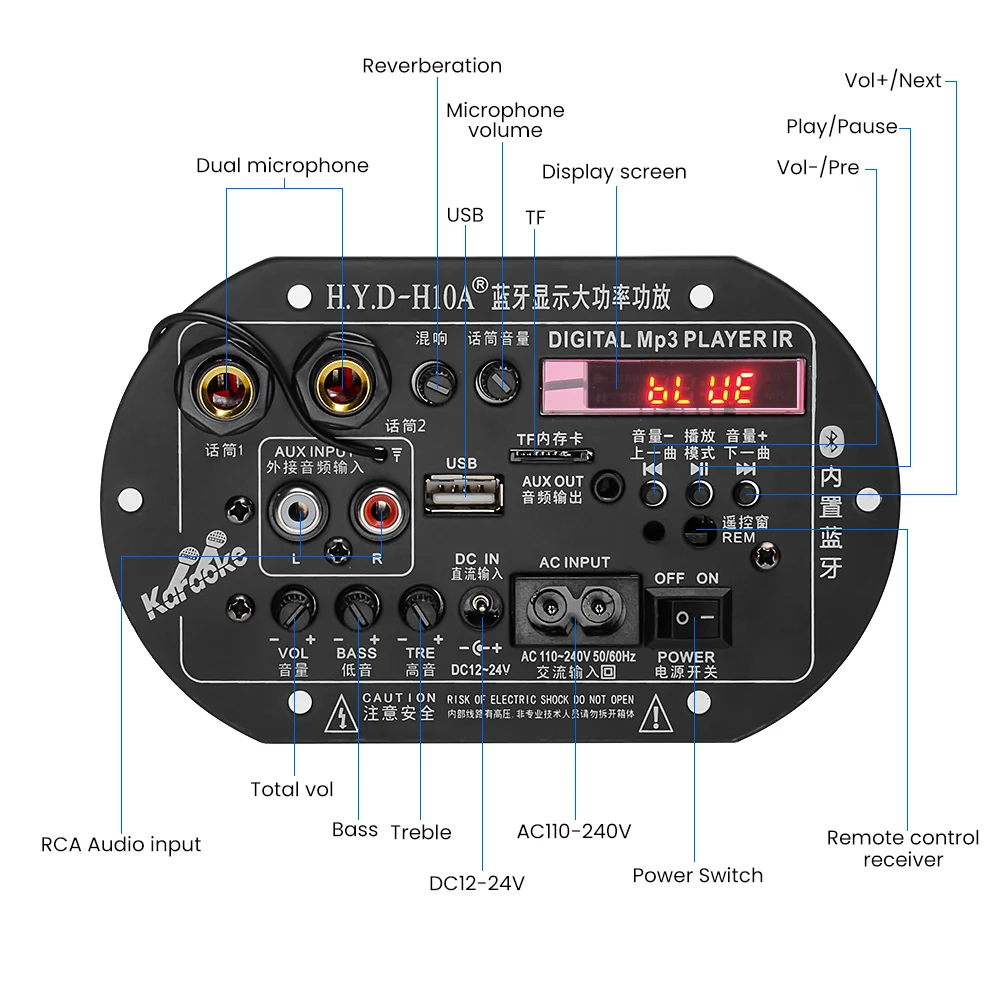 AIYIMA 220V 12V 24V Digital Stereo Bluetooth 5.0 Amplifiers Dual Microphone Silencer Car Home Amplificador AMP TF USB Decoder