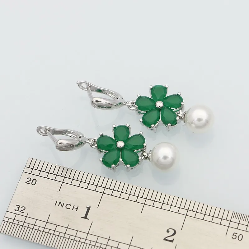 925 Sterling Silver Jewelry Green Created Emerald White Pearls Jewelry Sets For Women Anniversary Earrings/Pendant/Necklace/Ring