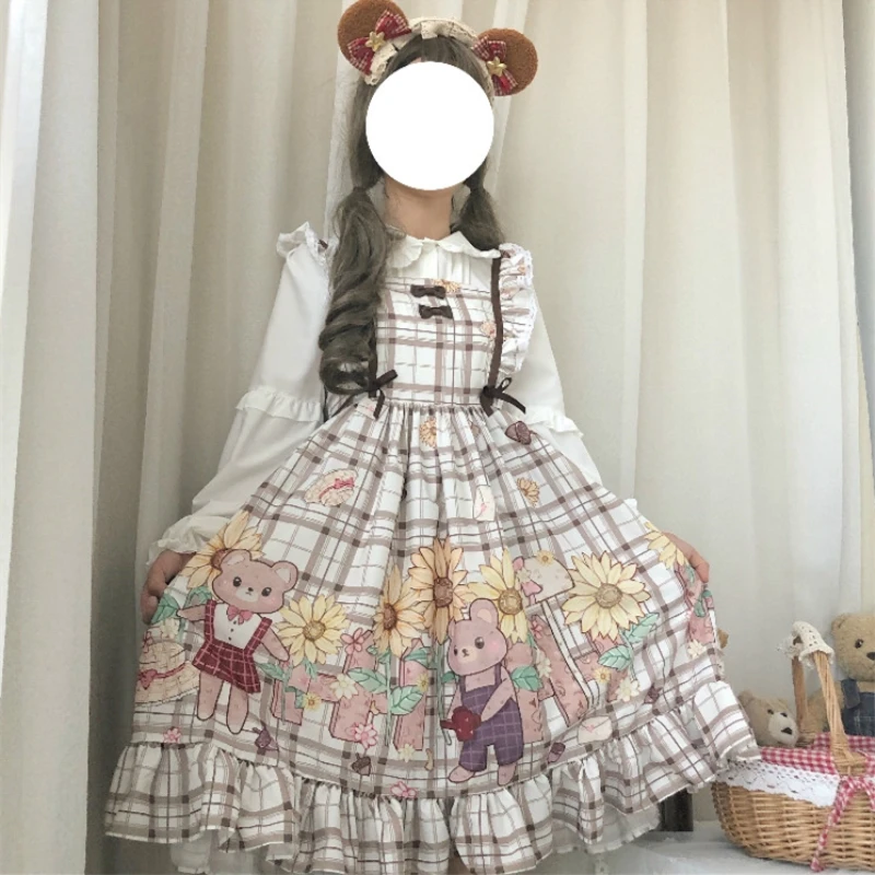 Kawaii Light Lolita dress giapponese Soft Girl Wind Cute Bear Girl Sling dolce abito senza maniche a vita alta