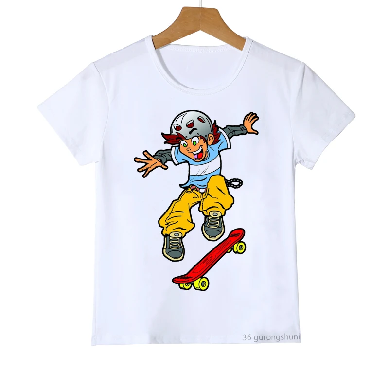 Funny boys t shirt skateboarding little boy printed kids tshirt summer fashion white short sleeve t-shirt boys tops wholesale