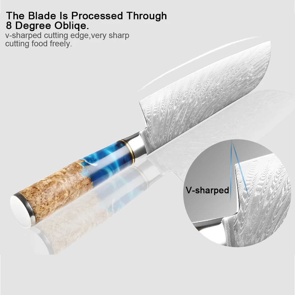 XITUO Damascus Steel VG10 Santoku Knife Chef Knife Raw Fish Fillet  Fish Kitchen Knife Blue Resin Color Wood Handle Cooking Tool