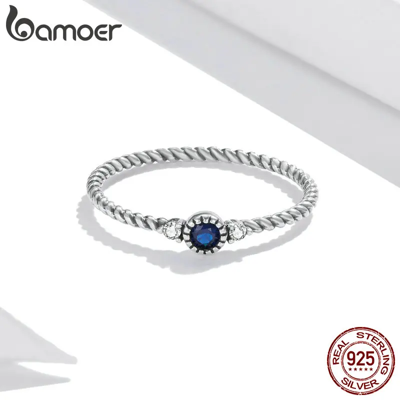 bamoer Blue Zircon Finger Rings for Women 925 Sterling Silver Retro Engagement Wedding Jewelry Fashion Accessories SCR693