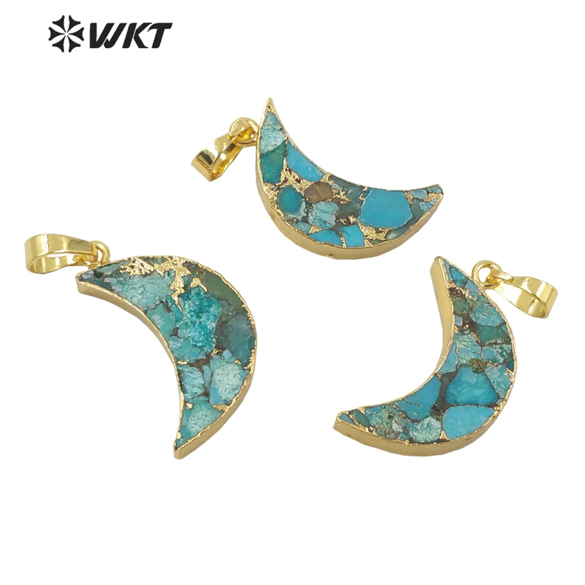 

WT-P1727 Fashion Gold Electroplated Copper Turquoises Crescent Moon Shape Pendant Elegant Blue Small Natural Stone Wholesale