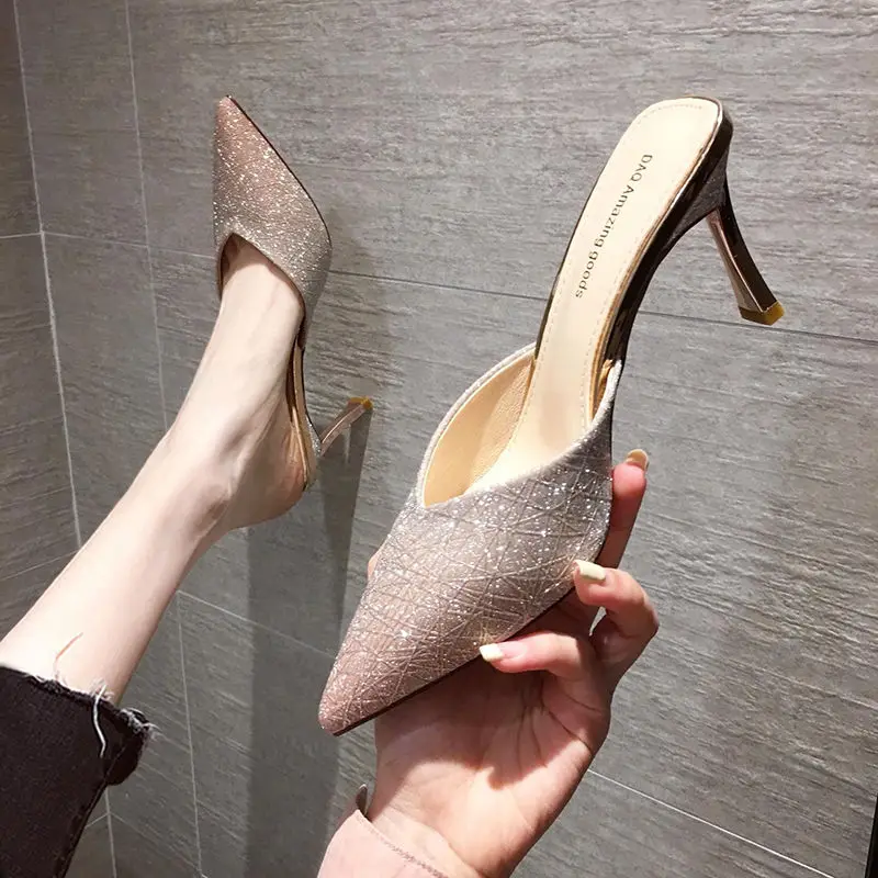 Summer New Women Celebrity Half Slippers Fashion Stiletto Pointed Toe Ladies High Heels Slippers Spike Heels Women Slippers