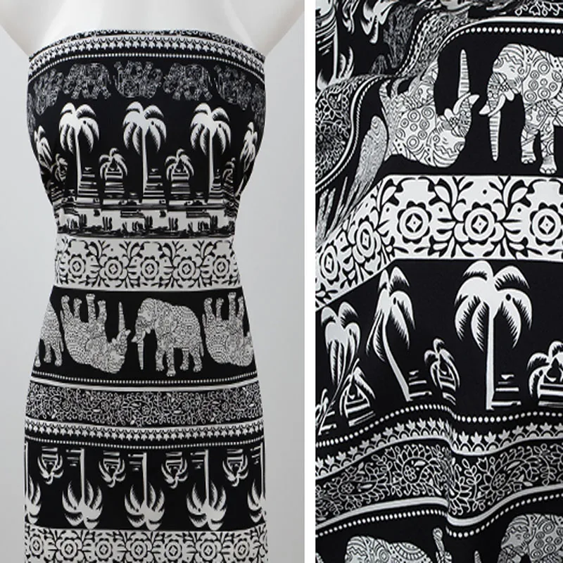 1 Meter Black Mixed White Viscose Elephant Coconut Tree Rayon Fabric Elephant Patchwork Soft Smooth Fabric For Shirt Baby Cloth