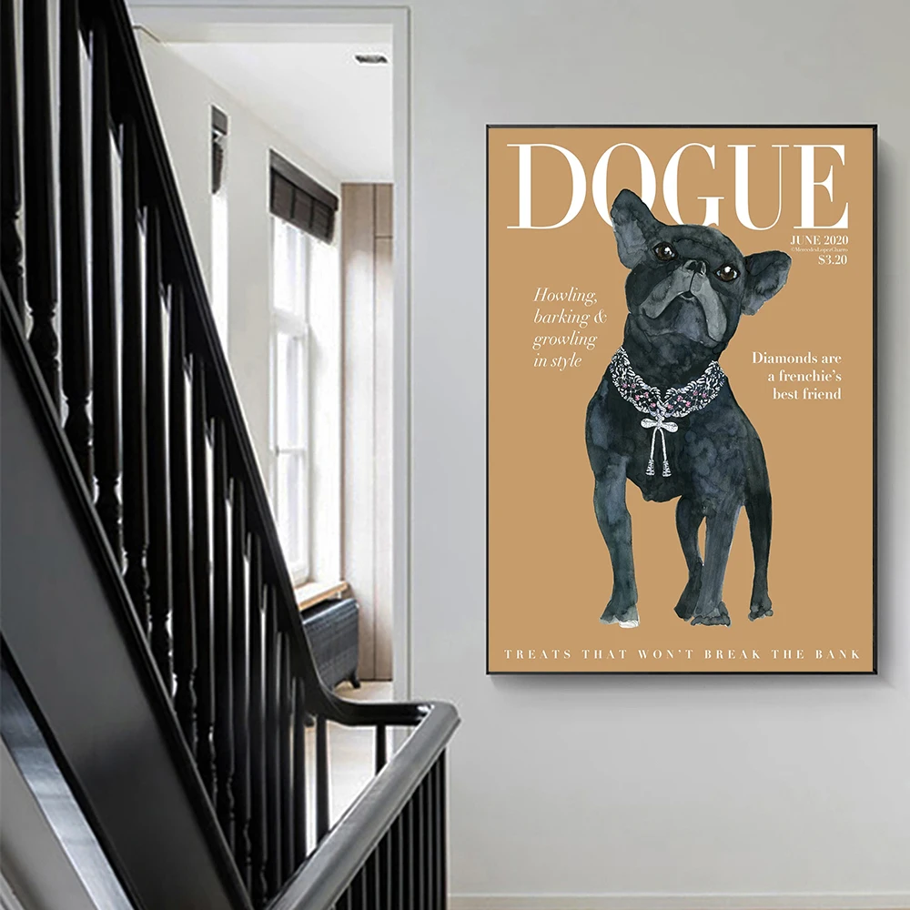Fashion Frenchie Dogue Magazine Cover Poster Pink Yellow Background Canvas Print Painting Bathroom Aisle Wall Art Decor Pictures