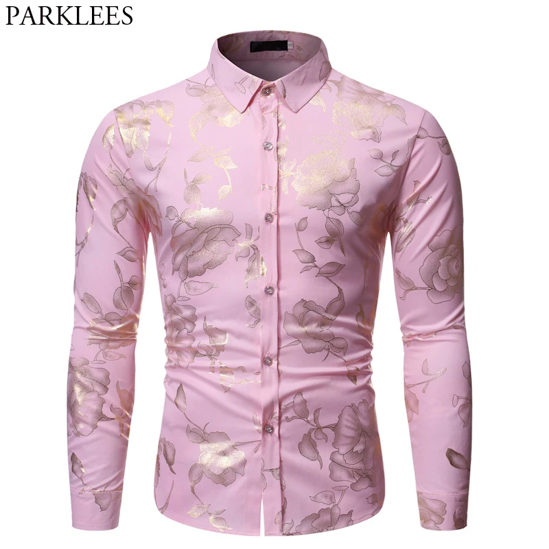 Gold Rose Print Pink Shirt Men 2019 Stylish Slim Fit Long Sleeve Mens Dress Shirts Party Wedding Club Social Shirt Chemise Homme