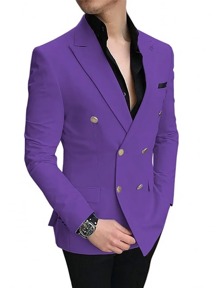 

Double Breasted Men Suits Purple and Black Groom Tuxedos Peak Lapel Groomsmen 2 Pieces Wedding Best Man ( Jacket+Pants+Tie ) D7