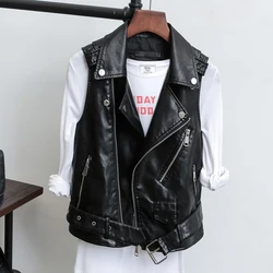 Female Black Leather Vest 2022 Fashion Zipper Pu Leather Jackets Women Motorcycle Jacket Waistcoat Vest XZ747