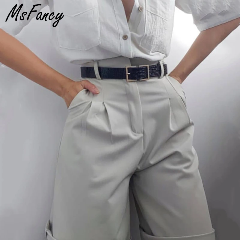 Msfancy Summer Shorts Women High Waist Official Short Femme Plus Size White Suit Pantalones de Mujer with Belt