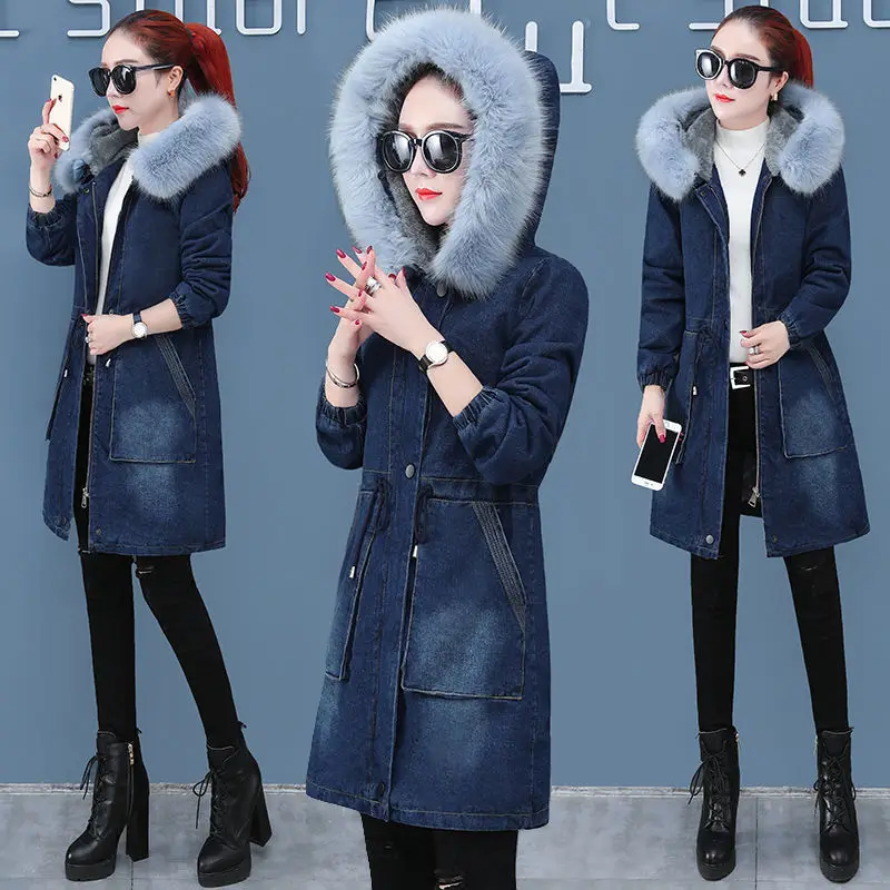 New Women's Denim Jacket Fur Parka Female 2023 Winter Jean Coat Women Jackets Black Denim Coats Woman Lambswool Outerwear H196
