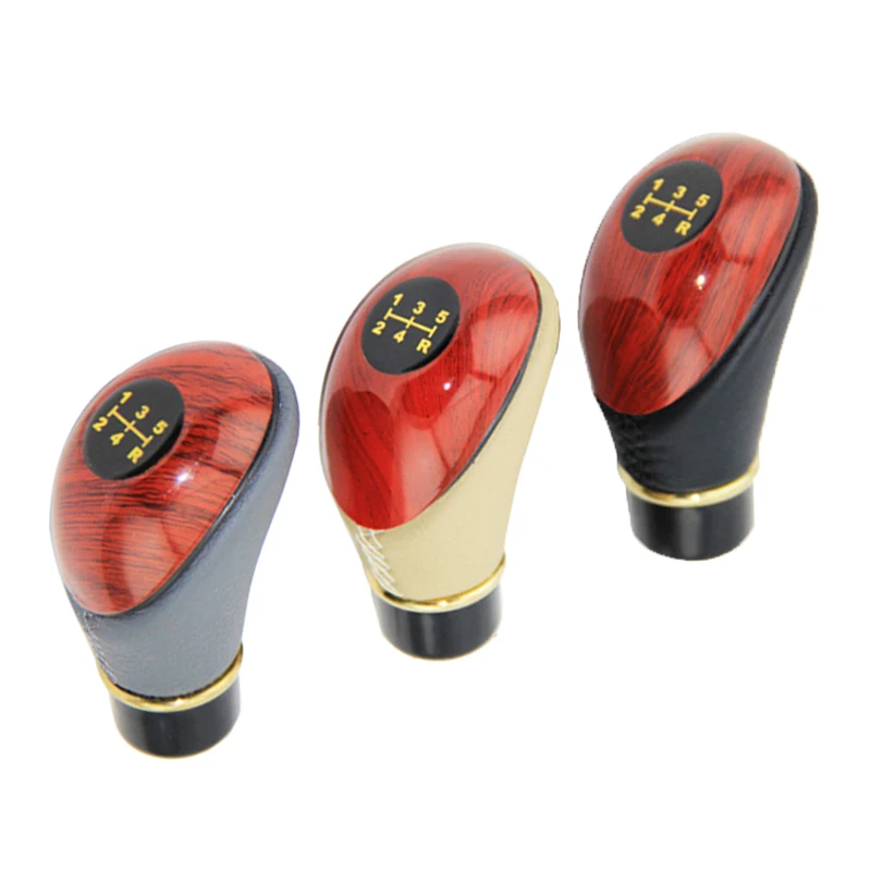 Universal Wooden Gear Shift Knob 5 Speed Gear Stick Manual Cream Color Leather Car Gear Lever Knob