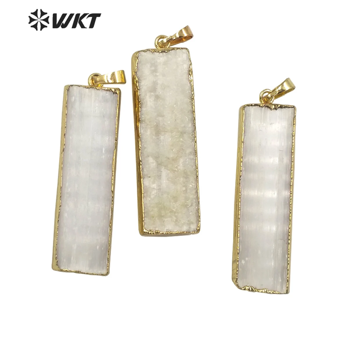 WT-P1641 Wholesale hot natural long square gold trim raw selenite stone pendant for jewelry necklace design white stone