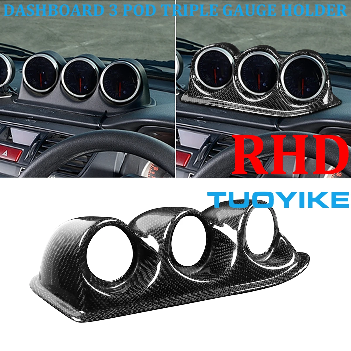 RHD Real Carbon Fiber Dashboard Instrument 3 Triple Pod Gauge Holder Cover Trim For Mitsubishi Lancer EVO 7th 8th 9th 2001-2007