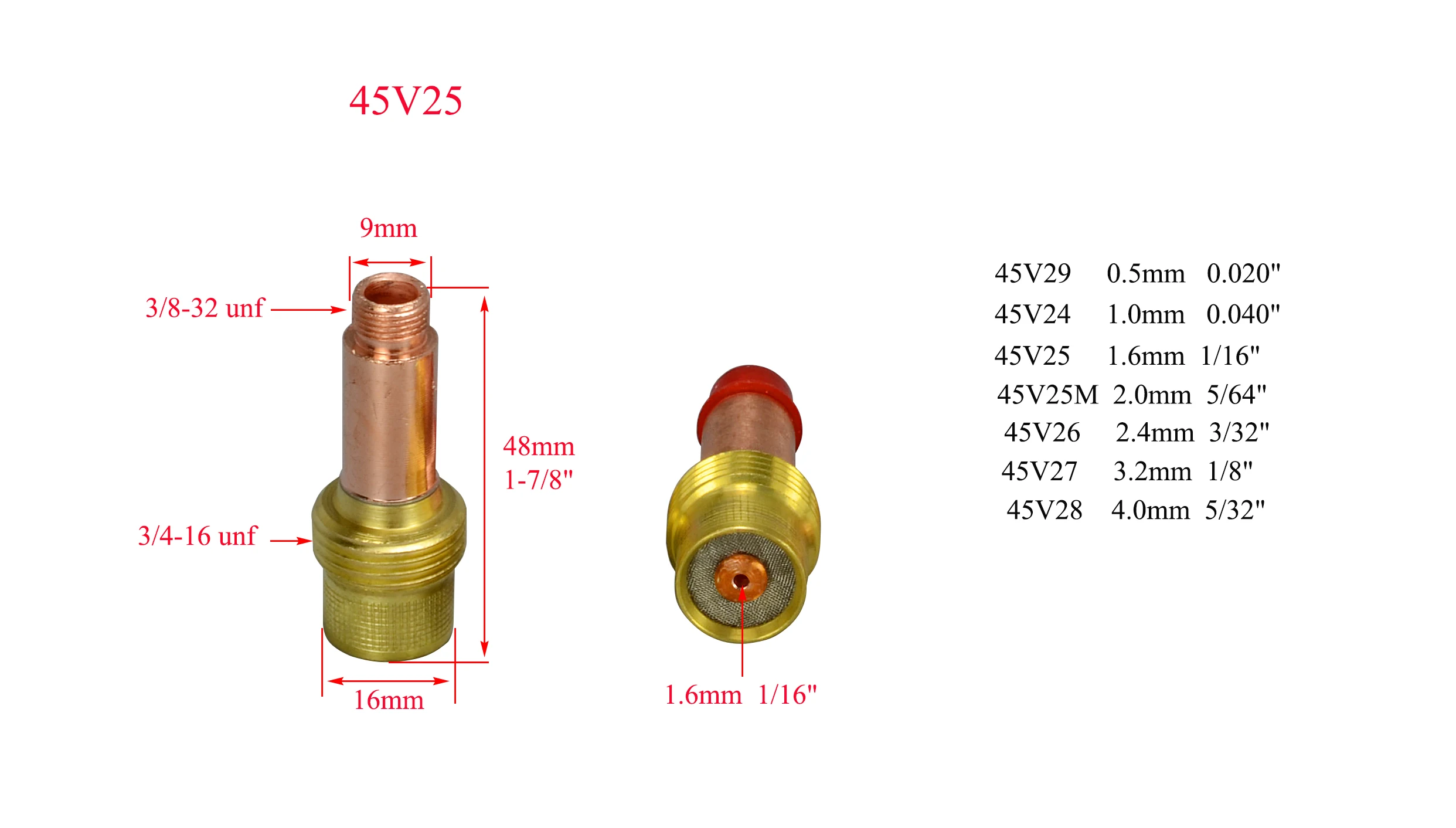 TIG Collets Bodyแก๊สเลนส์ 45V25 1.6 มม.และ 1/16 "พอดีไฟฉายเชื่อมTIGวัสดุสิ้นเปลืองSR PTA DB WP 17 18 26 Series, 2PK