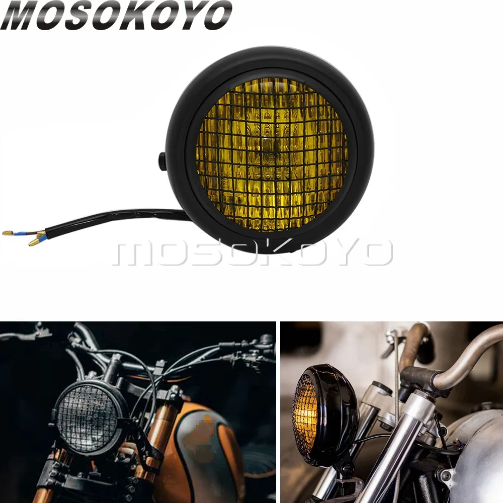 Retro Yellow Lens Headlight Sealed Beam Mesh Grill Guard High/Low Beam Headlamp for Harley Cafe Racer Scrambler Chopper