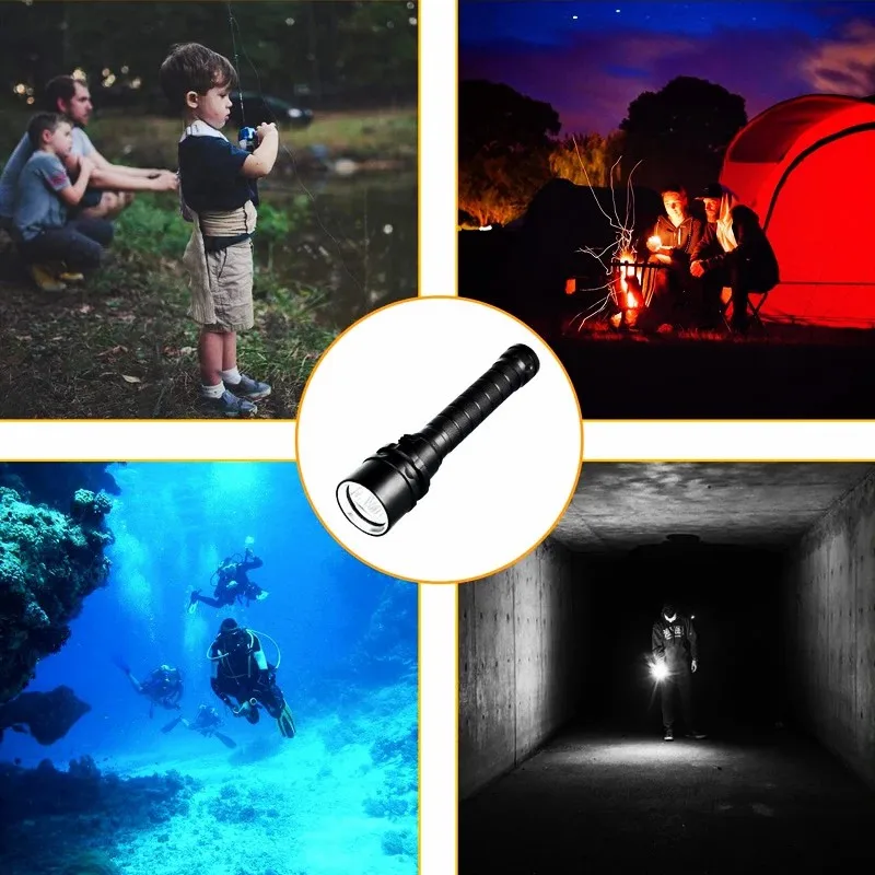 D2 Diving Flashlight Safety Dive Light Torch T6 Underwater Scuba Flashlights 100M for Under Water Sports Outdoor Cycling fishing