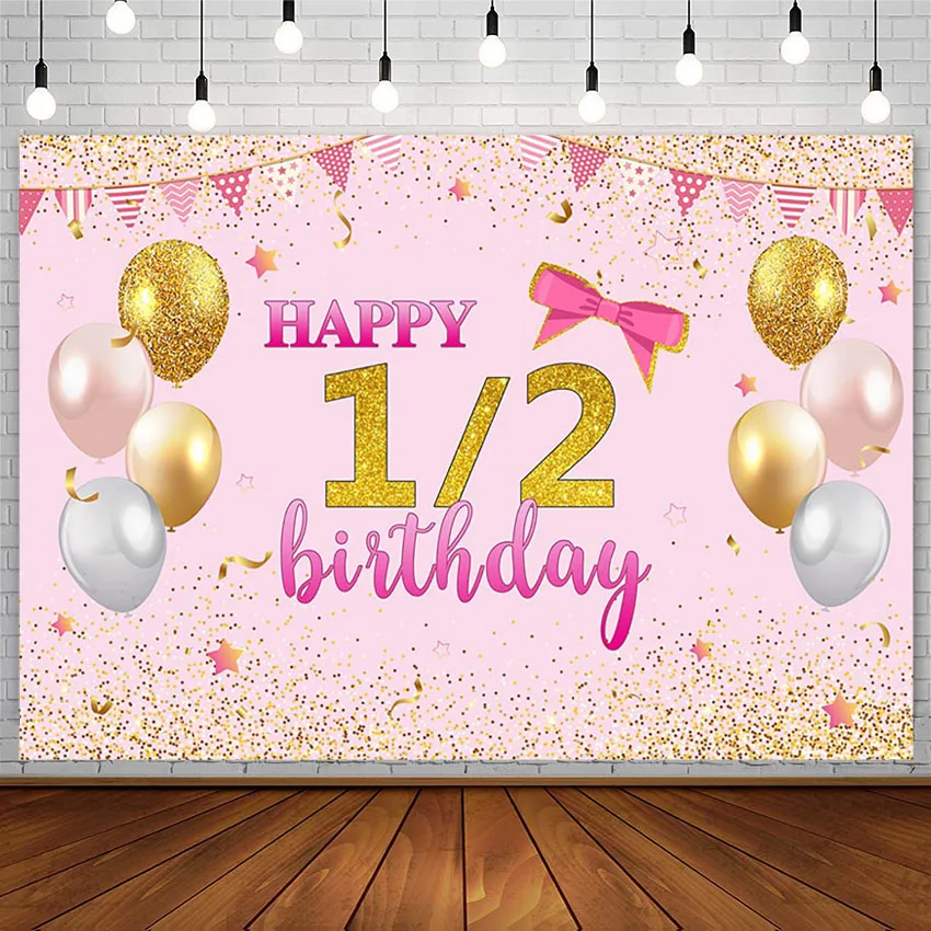 소녀 해피 하프 생일 1/2 배경 골드 풍선 반짝이 핑크 배너 사진 배경, 사진 스튜디오 장식 소품 포토존