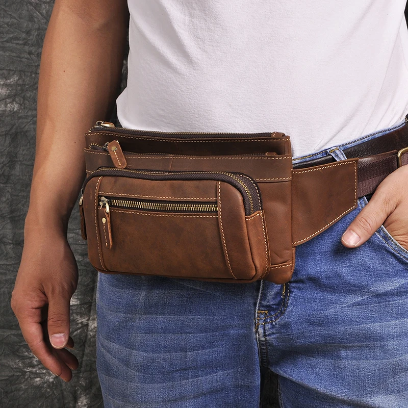 Original Genuine Leather men Coffee Retro Travel Waist Belt Bag Chest Pack Sling Bag Design 8\