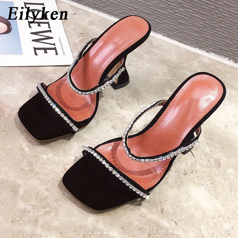 Eilyken New Fashion Rhinestone Chain Women Slippers Sandals Strange Cup Heels Sexy Leopard Print Square Toe Ladies Dress Shoes