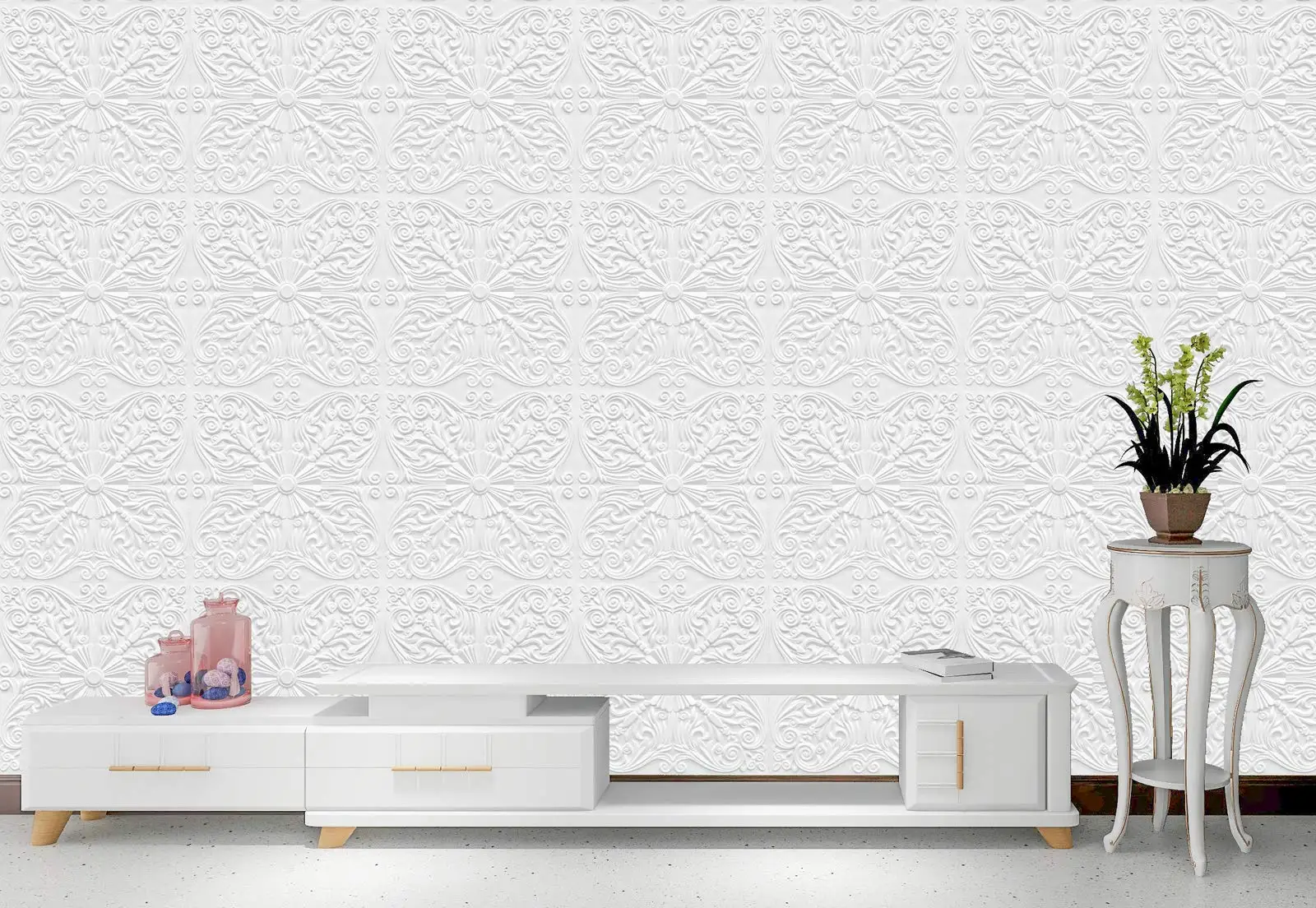 60x60cm PVC 3D decorativo controsoffitto spagnolo floreale in bianco opaco (12 pezzi)