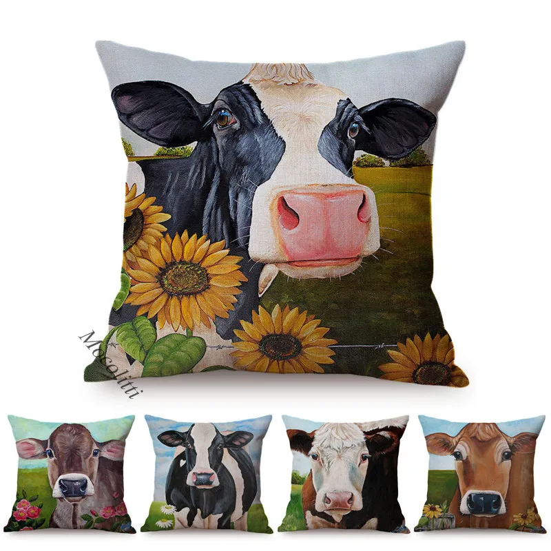 

Nordic Farm Cute Cow Garden Sunflower Cartoon Style Sofa Decoration Throw Pillow Case Car Chair Square Cushion Cover almofadas