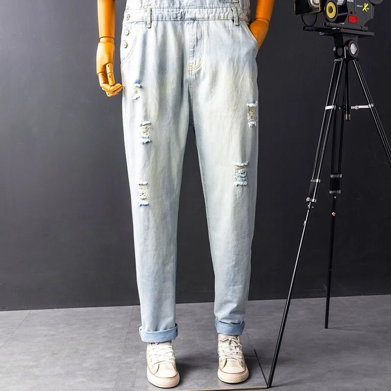 Men Vintage Hole Ripped Denim Suspender Pants Hip Hop Straight Jeans Plus Size 6XL Male Cowboy Overalls Casual Slim Cargo Pants